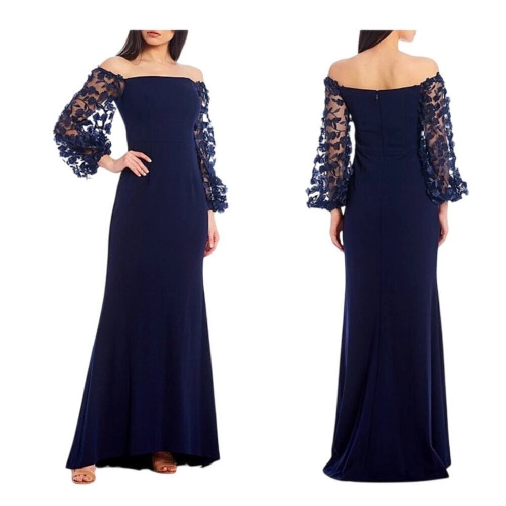 Eliza J Navy 3D Floral Sleeve Scuba Crepe Gown Dress 2